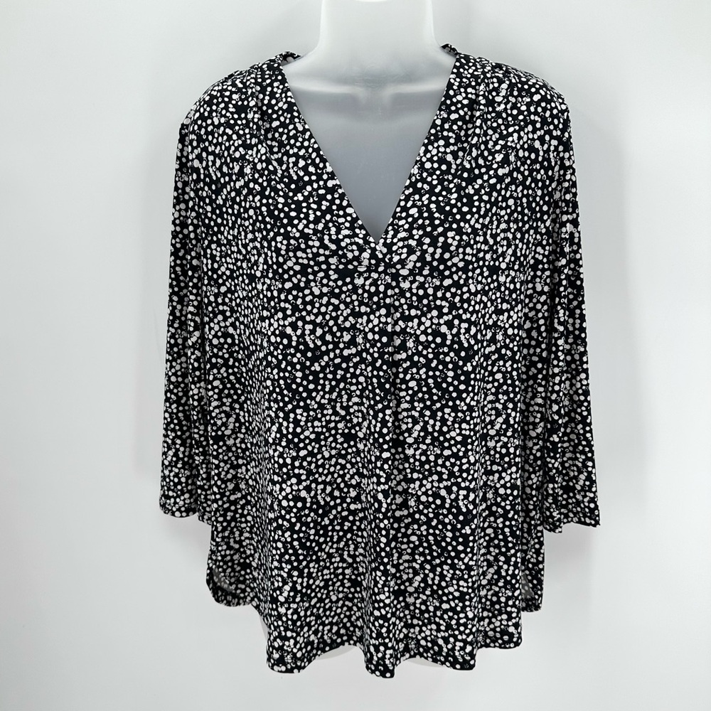 41 Hawthorn Top Womens L PETITE Black White Dots V-Neck 3/4 Sleeve Blouse Career